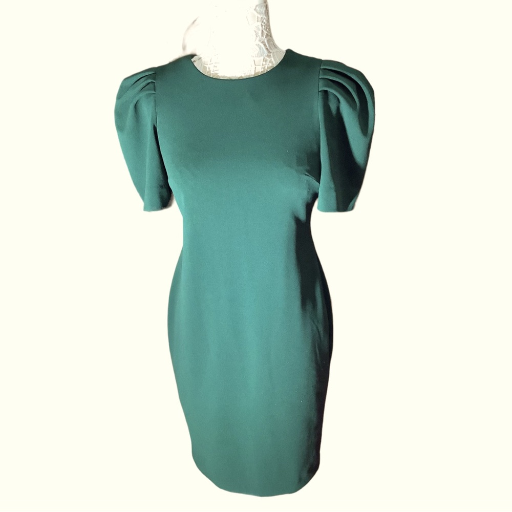 CALVIN Klein Hunter Green Pleated Puff Sleeve Dress